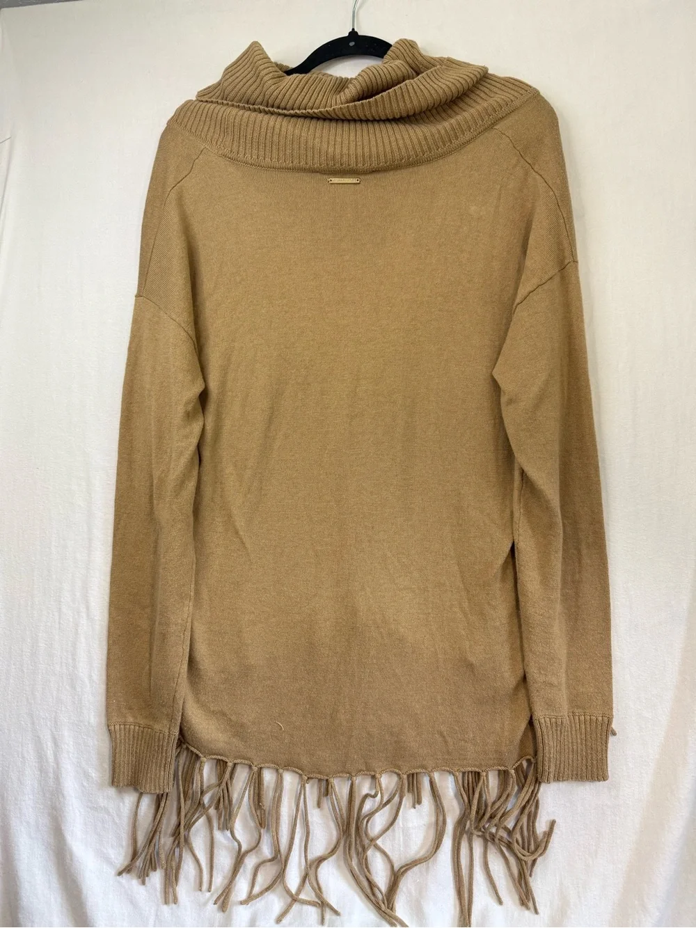 Michael Kors Fringe Hem Cowl Neck Sweater Oversized Fit - Camel Size Smallaa